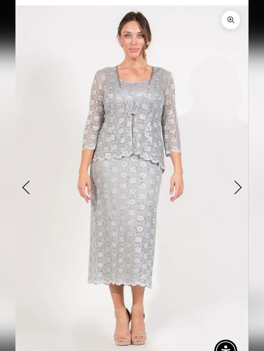 R&M Richards Silver Sequin Lace Maxi Dress with Scoop Neck Women's  Size 14